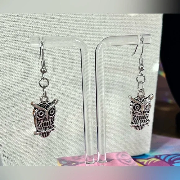 Silver Owl Drop Earrings - Picture 2 of 3